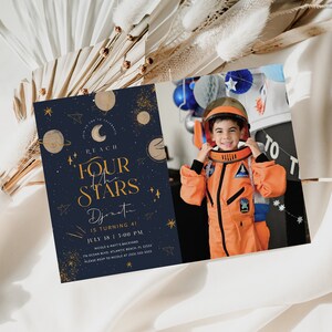 Reach Four The Stars Invitation with Photo Astronaut Galaxy Planets Outer Space Kids Party Invitation Printable Space Fourth Birthday Invite