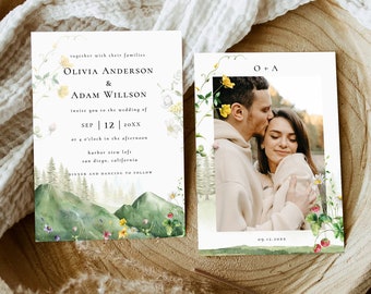 Mountain Wildflower Wedding Invitation Template, Boho Wedding Invite, Photo Wedding Invitation, Rustic Wedding Evite, Destination Wedding