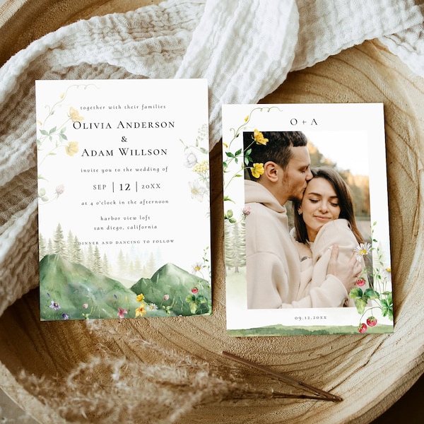 Mountain Wildflower Wedding Invitation Template, Boho Wedding Invite, Photo Wedding Invitation, Rustic Wedding Evite, Destination Wedding