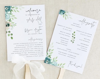 Dusty Blue Wedding Fan Program Template Dusty Ceremony Fan Download Printable Blue Floral Fan Program Watercolor Blue Wedding Fan WY04