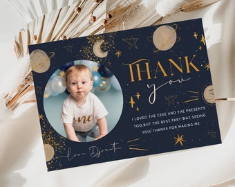 First Trip Around The Sun Birthday Thank You Card with Photo Outer Space Birthday Printable Party Favor Gift Cards Decor Photo Templates
