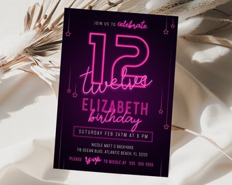 Pink Neon 12th Birthday Invitation Editable Printable Teen Girl Lets Glow Neon Light Pink and Purple Birthday Party Invite Download Template