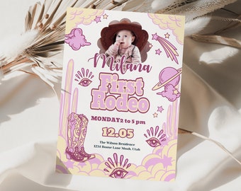 First Rodeo Birthday Girl Invitation with Photo Editable My 1st Country Party Photo Invite Girl Wild West Cowgirl Shower Invite Template