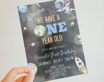 Editable Space First  Birthday Invitation First Trip Around The Sun Invite Houston We Have A One Year Old Outer Space Party Digital YSPA01