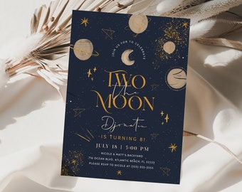 Two The Moon Invitation Boy or Girl Outer Space 2nd Birthday Party Invitation Planets Galaxy Blast Off Printable Templates Digital Download