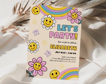 Happy Daisy Birthday Invitation Any Age Girl Birthday Invite Groovy Style Party Rainbow Template Lets Party Invitation Daisy Editable Card