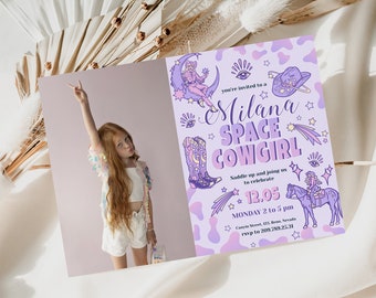 Space Cowgirl Birthday Invitation With Photo Editable Space Rodeo Photo Invitation Country Rustic Style Spice Girl B-day Invite Template