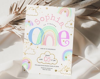 May include: A pastel rainbow-themed birthday invitation for a girl named Sophia turning one. The invitation features a large number "one" with a rainbow design, clouds, and stars. The text reads "Sophia is turning one" and "Join us to celebrate! June 05, 2 pm".