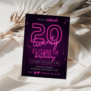 Pink Neon 20th Birthday Invitation Printable Editable Neon Light Party Invite Glow In The Dark Anniversary Invitation Glow Invite Template