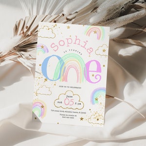 Rainbow First Birthday Invitation Girl Personalized Colorful One Year Baby Party Invite Editable Printable Instant Download Digital Template