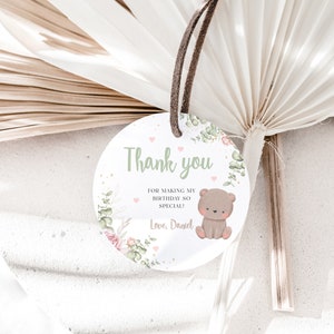 Teddy Bear Birthday Circle Thank You Tag Editable Bear Girl Boy 1st Party Favors Bearly Baby Birthday Decor Gift Tags Download Printable
