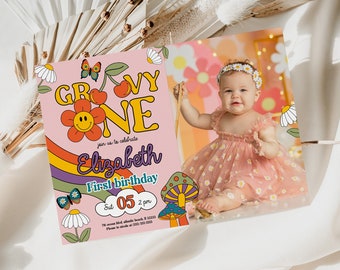 Groovy One Invitation with Photo 1st First Birthday Invite Girl Retro Flower Power 70's Download Template Colorful Rainbow Baby Party Invite