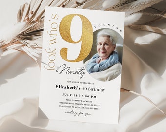 90e anniversaire Invitation avec photo minimaliste simple élégant 90e anniversaire signe modifiable quatre-vingt-dix ans Invitations pour femmes et hommes
