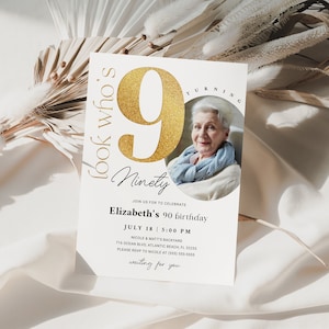 90th Birthday Invitation With Photo Minimalist Simple Elegant Ninetieth Birthday Sign Editable Ninety Years Invitations For Women And Men