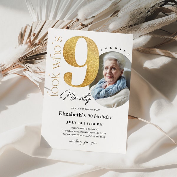 90th Birthday Invitation With Photo Minimalist Simple Elegant Ninetieth Birthday Sign Editable Ninety Years Invitations For Women And Men