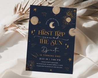 First Trip Around The Sun Birthday Invitation Boy or Girl Outer Space Birthday Invite Galaxy Blast Off Printable Templates Digital Download