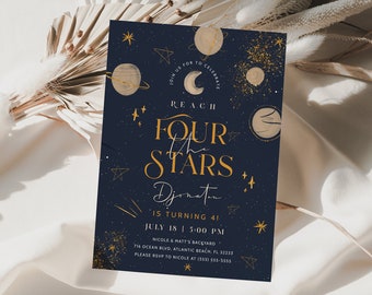 Reach Four The Stars Invitation Astronaut Galaxy Planets Outer Space Rocket Ship Kids Party Invitation Editable Space Fourth Birthday Invite