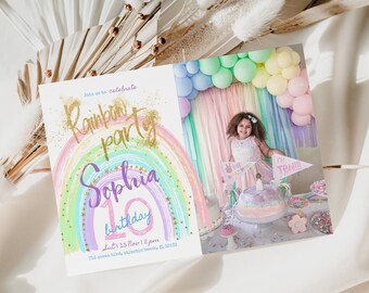Rainbow Birthday Invitation With Picture Any Age Girls Pastel Rainbow Kids Boho Party Invite Gold Glitter Stars Editable Printable Template