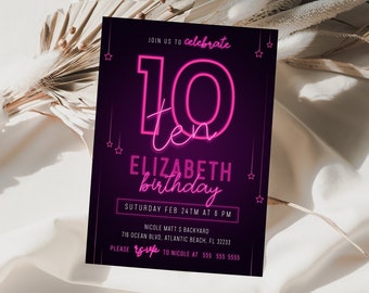 Pink Neon 10th Birthday Invitation Editable Printable Glow In The Dark Girl Ten Purple Birthday Party Invite Teen Girls Download Template