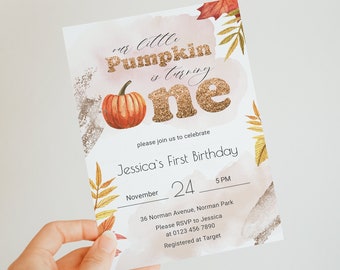 Little Pumpkin Birthday Invitation Editable Gold Fall First Birthday Invitation Download Printable Autumn 1st Birthday Invite YFAL01