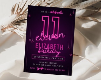 Pink Neon 11th Birthday Invitation Editable Printable Teen Girl Lets Glow In The Dark Pink Purple Birthday Party Invite Download Template