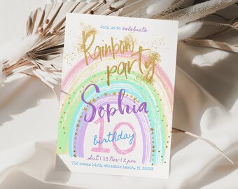 Rainbow Birthday Invitation Any Age Girls Boho Rainbow of Fun Gold Stars Sprinkle Kids Party Invite Editable Printable Download Template