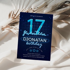 Blauwe Neon 17e verjaardag uitnodiging Instant Download Bewerkbare Sjabloon Neon Glow 17 Uitnodiging Zeventien Neon Lights Invites voor Tienerjongens