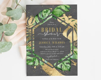 Gold Tropical Bridal Shower Invitation Instant Download Hawaiian Bridal Shower Invite Template Dark Editable Summer Bridal Shower Card