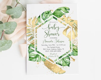 Gold Tropical Baby Shower Invitation Template Hawaiian Baby Shower Invite Tropical Baby Shower Party Printable Baby Shower Invite Download