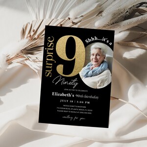 Black Gold Surprise 90th Birthday Invitation with Photo Chalkboard Template 90 Years Anniversary Invite Elegant Birthday Printable Decor