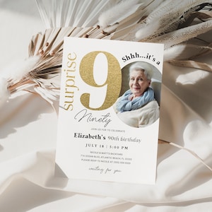 Surprise 90th Birthday Invitation with Photo Minimalist Simple Elegant Ninety Birthday Editable Decor 90 Years Anniversary Adults Invites