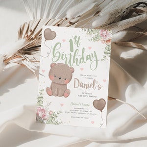 Teddy Bear Birthday Invitation First Birthday Baby Bear Invite Editable Template Bearly One Year Birthday Party Sign Instant Download