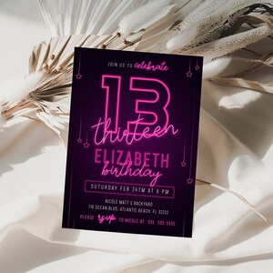 Pink Neon 13th Birthday Invitation Teen Girls Neon Light Birthday Party Invite Download Template Crazy Glow Neon Theme Party Invitation