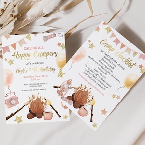 Girl Camping Invitation Outdoor Hiking Birthday Girl Invite and Checklist Bonfire Birthday Invite Download S&#39;mores Party Sign Editable
