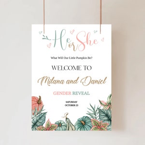 Pumpkin Gender Reveal Welcome Sign Template He Or She Fall Gender Reveal Welcome Sign Editable Little Pumpkin Gender Reveal Welcome Sign