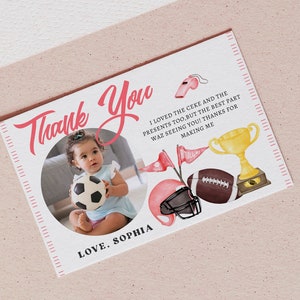 Girl Football Birthday Thank You Card with Photo Sports Party Photo Thank You Card Printable Football Party Birthday Thanks Card Editable