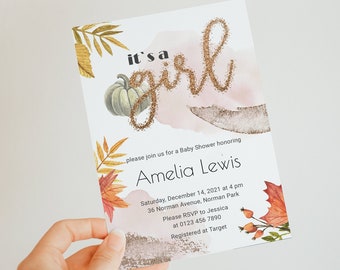 Pumpkin Baby Shower Girl Invitation Template Editable Autumn Baby Shower Invite Gold Fall Baby Shower Invitation Download YFAL01