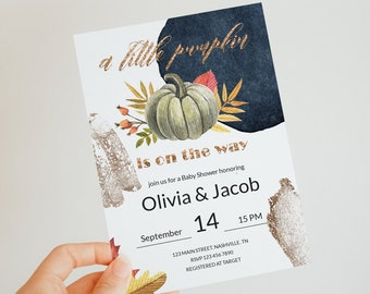 Editable Gold Fall Boy Girl Baby Shower Invitation Template Little Pumpkin Baby Shower Invitation Autumn Baby Shower Party YFAL01