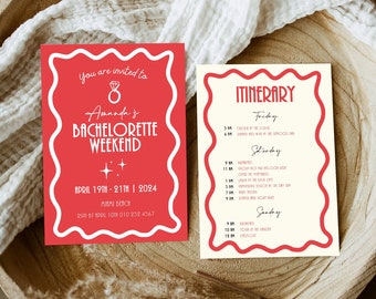 Wavy Red Bachelorette Invite & Itinerary Retro Bachelorette Party Digital Invitation Squiggle Hens Bach Weekend Invitation Editable