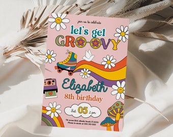 Groovy Birthday Invitation Rainbow Daisy Any Age Girls Retro Birthday Party Invite Template Lets Get Groovy Hippie Style Kids Party Invite