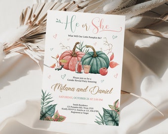 May include: A gender reveal party invitation with a watercolor illustration of two pumpkins, one pink and one green. The text reads "He or She? What will our little pumpkin be?" and "Please join us for a Gender Reveal Party honoring Milana and Daniel. Saturday, October 23 at 2:00 PM. Smith Residence, 123 Pumpkin Hill, Texas 2100. Kindly RSVP to Amelia at 123.456.6789. Registered at Target."
