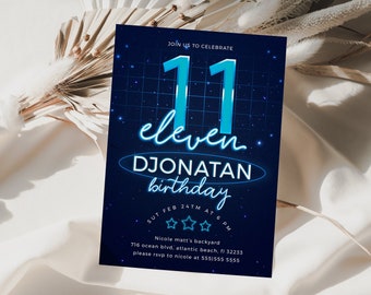 Blue Neon 11th Birthday Invitation Editable Imprimable Teen Boys Laisse briller dans le Dark Aqua Blue Birthday Party Inviter Télécharger Modèle