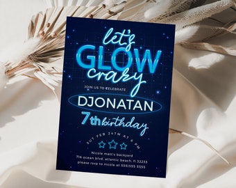 Blue Neon Party Invitation Let's Glow Crazy Birthday Invite Any Age Hot Blue Aqua Neon Glow Birthday Invitation Instant Download Editable