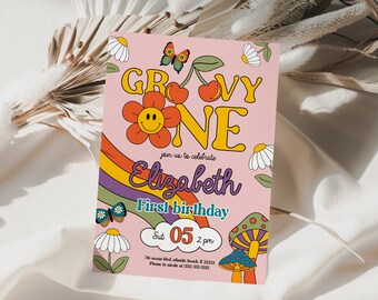 Groovy One Invitation 1st First Birthday Invite Pink Rainbow Colors Groovy Daisy Cherry Hippie 70's Retro Baby Party Invitation Download