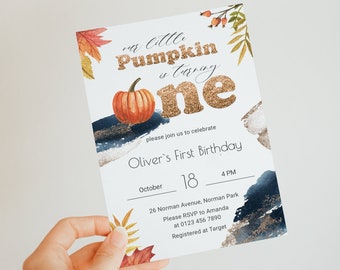 Our Little Pumpkin First Birthday Invitation Gold Fall One Birthday Invitation Template Editable Autumn 1st Birthday Invitation YFAL01