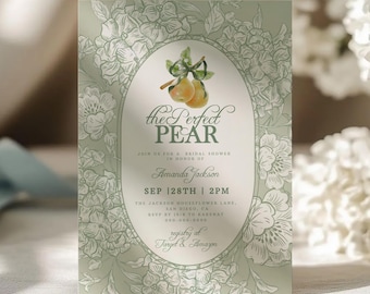 Perfect Pear Bridal Shower Invitation | Sage Green The Perfect Pair Bridal Shower Invite Template | Vintage Floral Bridal Brunch Invite