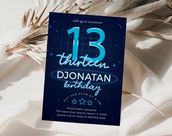 Blue Neon 13th Birthday Invitation Teen Boys Crazy Glow Neon Theme Party Invitation Aqua Neon Light Birthday Party Invite Download Template