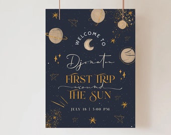 First Trip Around The Sun Birthday Welcome Sign Outer Space Birthday Welcome Poster 1st Birthday Baby Astronaut Galaxy Party Decor Printable