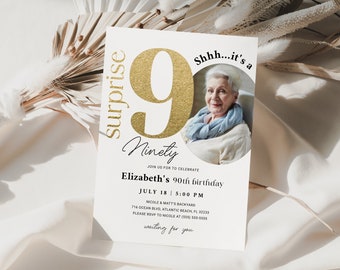 Överraskningsinbjudan till 90-årsdag med foto, minimalistisk, enkel, elegant, redigerbar dekoration för 90-årsjubileum, inbjudningar till vuxna