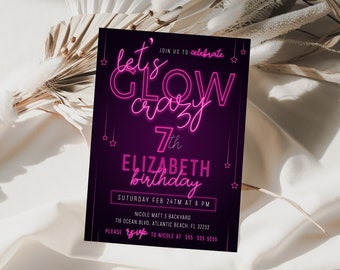 Pink Neon Party Invitation Let's Glow Crazy Birthday Invite Any Age Teen Girls Glow Birthday Invitation Instant Download Editable Template